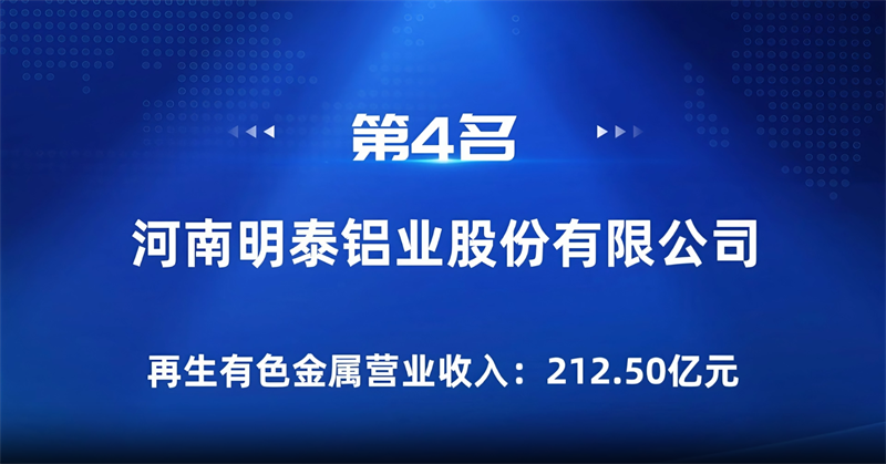 明泰鋁業(yè)榮登“2024年再生有色金屬企業(yè)營業(yè)收入30強(qiáng)”榜單